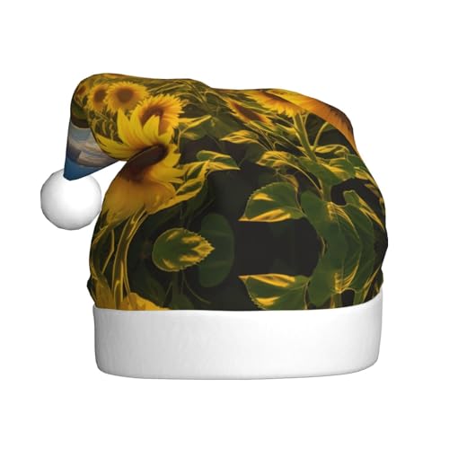 TYANG Weihnachtsmütze mit Sonnenblumenfeldern, bedruckt, Weihnachtsmannmütze, Band TYANG Weihnachtsmütze mit Sonnenblumenfeldern, bedruckt, Weihnachtsmannmütze, Band von TYANG