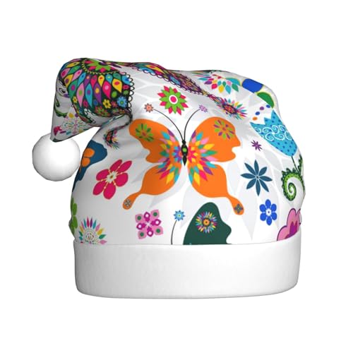 TYANG Weihnachtsmütze mit bunten Schmetterlingen und Blumen bedruckt, Weihnachtsmannmütze von TYANG