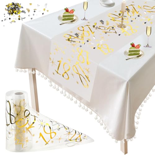 TYBYBB Tischläufer 18 Geburtstag Gold 28cm X 5m Tischdecke Happy Birthday zum Tischband 18. Geschenke Geburtstag Deko Table Runner Goldene Tischläufer Stoff Rolle für Junge Mädchen Party von TYBYBB