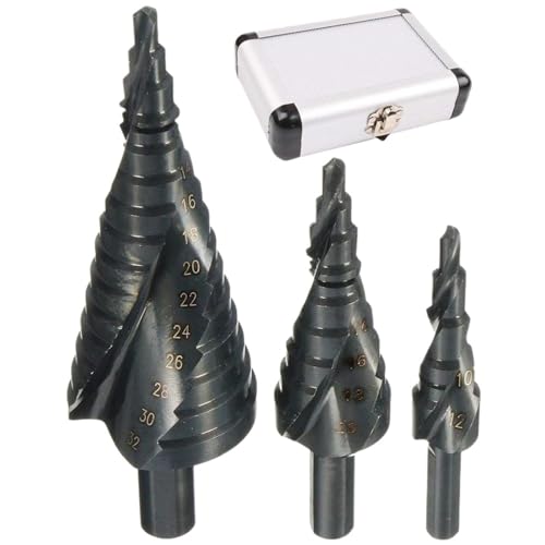 1/3 Stücke HSS Stufenbohrer Bit 4-32MM Hochgeschwindigkeitsstahl Stickstoff Spirale Dreieck Schaft Bohrer Set For Metall Kegel(3pcs with Box) von TYDHGSE