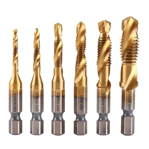 6-teiliges Gewindebohrer-Set Mit Sechskantschaft, Titanbeschichtet, HSS-Gewindebohrer, Schraubenmaschinen-Verbindungsgewindebohrer, M3, M4, M5, M6, M8, M10, Handwerkzeuge(6pcs gold) von TYDHGSE