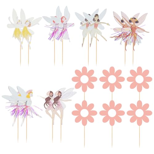 TYFGRT 12 Stück Blumen-Feen-Kuchenaufsätze, 6 Stück Blumen-Kuchenaufsätze, Happy Birthday-Kuchenaufsätze, Feen-Dekorationen, Cupcake-Aufsätze, Mädchen-Party-Dekorationen TYFGRT 12 Stück Blumen-Feen-Kuchenaufsätze, 6 Stück Blumen-Kuchenaufsätze, Happy Birthday-Kuchenaufsätze, Feen-Dekorationen, Cupcake-Aufsätze, Mädchen-Party-Dekorationen von TYFGRT