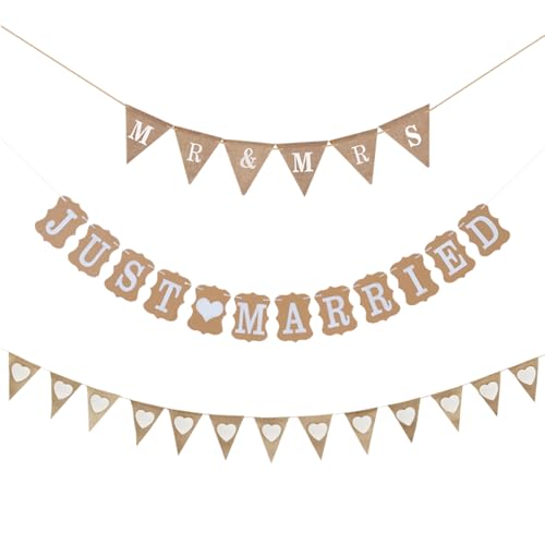 TYFGRT 3 Stück Pull-Flaggen, Hochzeitsdekorationsbanner, Just Married-Flaggen, Mr. Und Mrs.-Banner, Hochzeitsfeier-Hintergrund-Hängedekorationen von TYFGRT