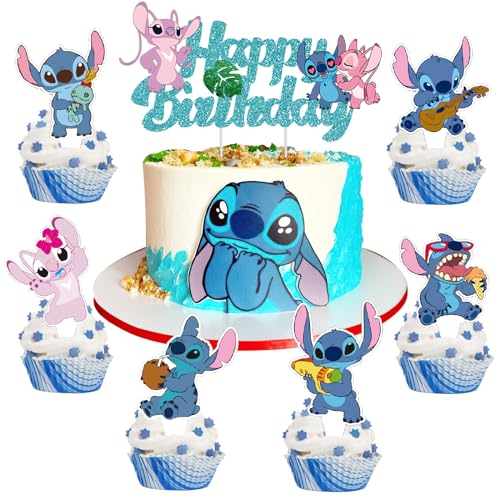 13 Stück Cartoon Tortendeko, Blau Kuchen Deko Geburtstag Kinder, 1 Happy Birthday Cake Topper + 12 Cupcake Topper, für Geburtstagsfeier, Babyparty (A) von TYLUSPA