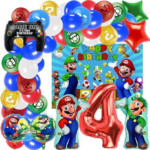 Kindergeburtstag Deko 4 Jahre, 60 Stück Cartoon Luftballons Geburtstagsdeko Set mit Luftballon Girlande Rot Gelb Blau, Hintergrund, Folienballon,für Kindergeburtstag Thema Party Dekoration von TYLUSPA