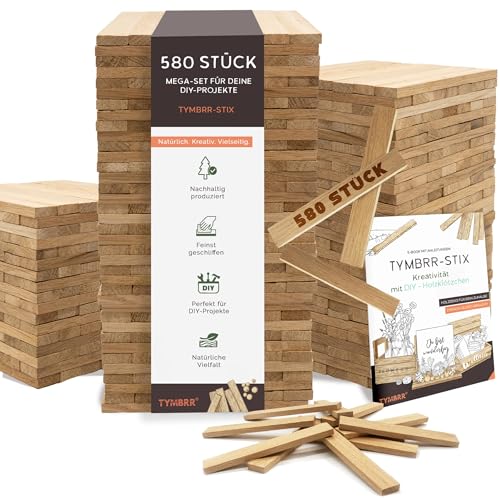 TYMBRR, 580 Holzklötzchen Eiche, Bastelholz, feinst geschliffen, OHNE Klebeband, 160x23x8mm, Bastelklötzchen für DIY-Projekte und Deko (580) von TYMBRR
