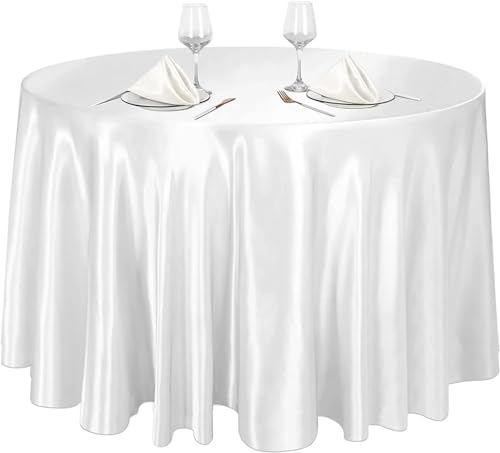 Runde Tischdecke Runde Satin-Tischdecken, helle Seidentischdecke for Hochzeitsbankett, einfarbige Tischdekoration for Hochzeit, Geburtstag TischtüCher Rund(White,Round 228cm) von TYNXK