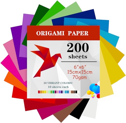 200 Blatt Origami Papier, 15 x 15cm, Doppelseitig, 20 Farben Faltpapier Bastelpapier Buntes Papier Quadratisch Kleine für Kinder, DIY, Schule, Kunst, Bastelprojekte, Kinder und Erwachsene (70 g/m²) von TYOREW