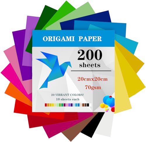 200 Blatt Origami Papier, 20 x 20cm, Doppelseitig, 70 g/m², Faltpapier Bastelpapier Buntes Papier Quadratisch Großes für Kinder, DIY, Schule, Kunst, Bastelprojekte, Kinder und Erwachsene (20 Farben) von TYOREW