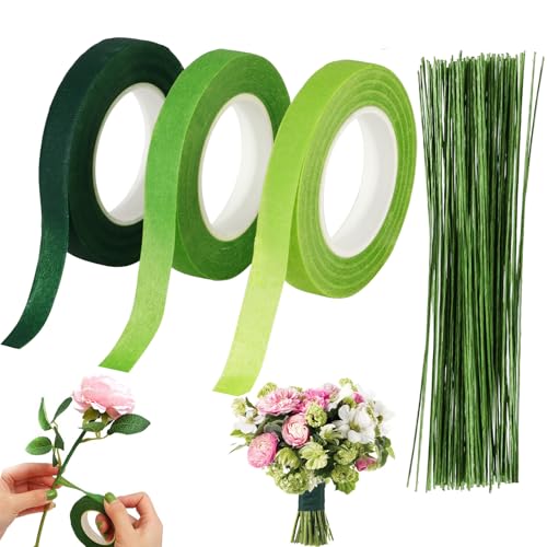 3 Rollen Floristenband, 100 Pcs Blumendraht Grün Floristendraht Floristik Kreppband Grün für Bouquet Blumensträuße DIY Kunsthandwerkk von TYSM-CC