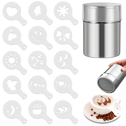 TYSM-CC Edelstahl-Pulverstreuer mit 16 Schablonen & Feinsieb – Handkaffeemühle-Zubehör für gleichmäßige Kakao-, Schokoladen- und Kaffeeverteilung – Ideal für Barista, Milchschaumkunst, & Dessert-Deko TYSM-CC Edelstahl-Pulverstreuer mit 16 Schablonen & Feinsieb – Handkaffeemühle-Zubehör für gleichmäßige Kakao-, Schokoladen- und Kaffeeverteilung – Ideal für Barista, Milchschaumkunst, & Dessert-Deko von TYSM-CC