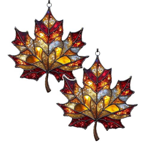 Gefärbte Ahornblätter aus Acryl, Herbstdeko zum Aufhängen für Fenster & Raum, Buntes Ahornblatt Ornament Set, Deko-Anhänger für Herbstfest, Thanksgiving und Feiertagsdekoration (Gold 2PC) von TYUIOP