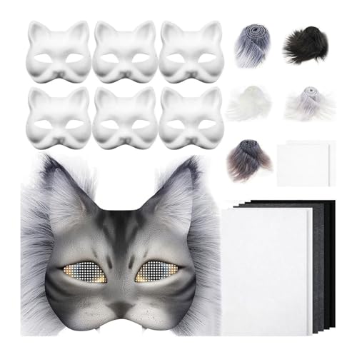 TYUIOP DIY Katzenmasken Set 29-teilig, 6 Weisse Masken Blanko mit Kunstfell Mesh Filz, Bastelset für Karneval Halloween Cosplay Kostüm Party Dekoration (A) von TYUIOP