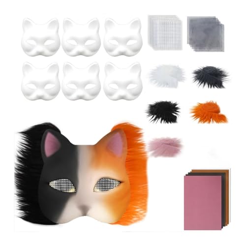TYUIOP DIY Katzenmasken Set 29-teilig, 6 Weisse Masken Blanko mit Kunstfell Mesh Filz, Bastelset für Karneval Halloween Cosplay Kostüm Party Dekoration (B) von TYUIOP