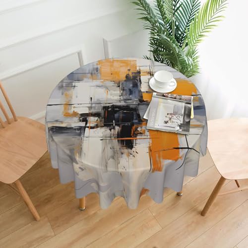 Graue und gelbe abstrakte Kunstmalerei, runde dekorative lange Tischdecke, knitterfrei, schmutzabweisend, wasserdicht, 152,4 cm rund, Polyestergewebe, geeignet für Restaurants/Küchen/Partys. Graue und gelbe abstrakte Kunstmalerei, runde dekorative lange Tischdecke, knitterfrei, schmutzabweisend, wasserdicht, 152,4 cm rund, Polyestergewebe, geeignet für Restaurants/Küchen/Partys. von TYUMH