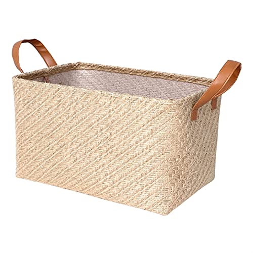 TYUTYU Storag-Korb Jute gewebt Faltbarer Kleidung Organizer Korb mit Griffschrank Organzier Waschbare Home Storage Organizer (Color : Khaki Storage Basket, Size : 48x33x26cm) von TYUTYU