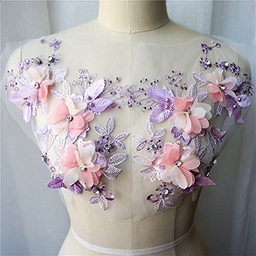 Applikation mit Spitzenmotiven, 3D-Blume, Spitze, Stoffperlen, Strass, bestickt, zum Aufnähen (rosa und lila) von TYUrmiui