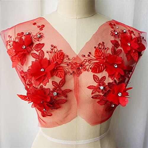 Applikation mit Spitzenmotiven, 3D-Blume, Spitze, Stoffperlen, Strass, bestickt, zum Aufnähen (rot) von TYUrmiui
