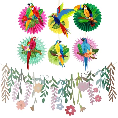TYXHXTF Hawaii Party Deko Set, Tropische Vogeldekoration, Jungle Dschungel Party Deko Gartenparty, Geburtstagsdeko Grün Blätter, Hängende Girlande Papierfächer und Papagei Wabenbälle für Sommerdeko von TYXHXTF