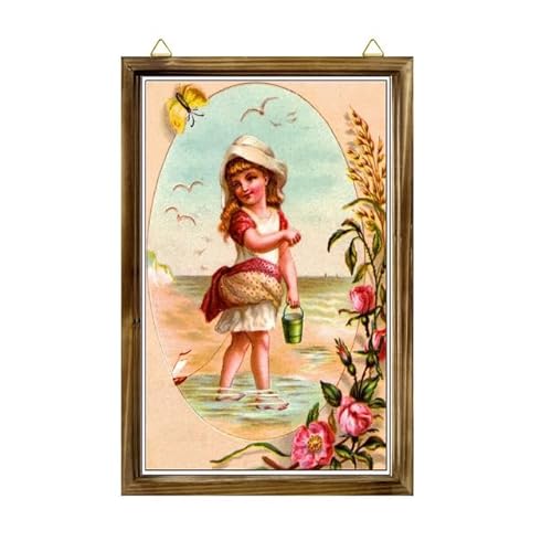 TYmall Horienteeo Gerahmtes Holzschild, schönes Kind am Strand, viktorianische Handelskarten, Werbung, Wandbehang, Holz-Bilderrahmen, Heimdekoration, 20 x 25 cm von TYmall