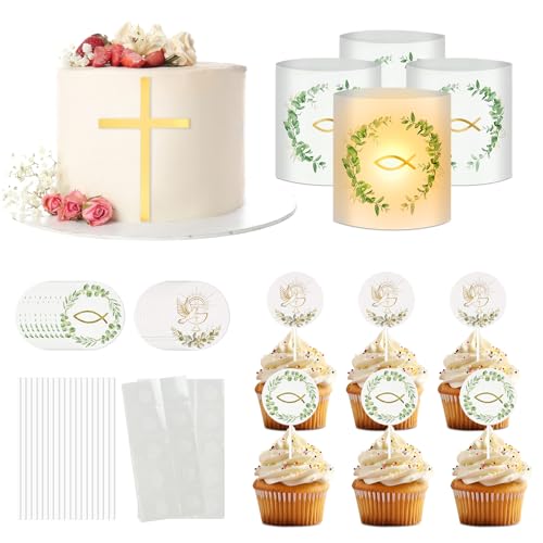 TZQFROCE 25 Stück Cake Topper Kommunion Taufe Kommunion Deko Windlicht Kommunion Tischdeko Tortendeko Kommunion Kuchendeko Kreuz Gold für Hochzeit Geburtstag Party Kommunions + Kreuz) von TZQFROCE