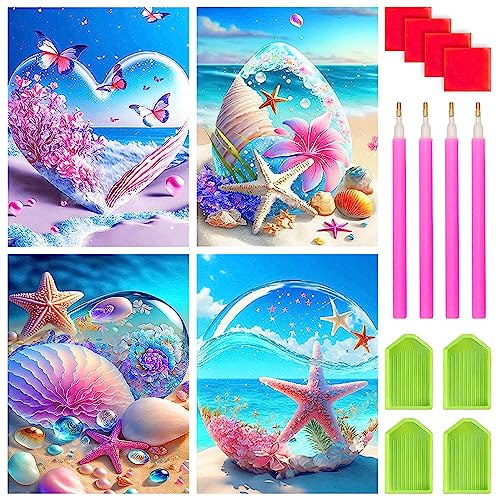 TZQFROCE Diamond Painting Full Set 4 Stück 30 * 40cm 5D Diamond Painting Seesterne DIY Strand Diamant Painting Bilder mit Diamond Painting Zubehör für Geschenk Home Büro Wand Dekoration von TZQFROCE