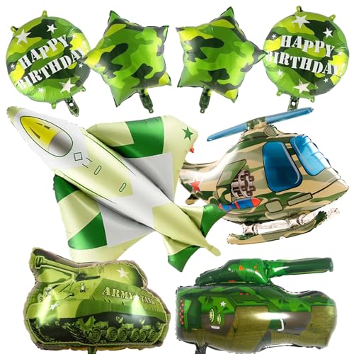 TZQFROCE Flugzeug Luftballon Set 8 Stück Panzer Folienballon Hubschrauber Geburtstagsdeko Jungen Stehend Tarnung Ballon Helikopter Geburtstag Deko Flugzeuge Thema Party für Kinder Geburtstags von TZQFROCE