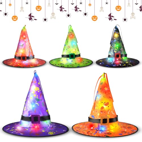 TZQFROCE Hexenhut Halloween 5 Stück Hängend Leuchtend Mit Licht Für Außen Innen Deko - Lichterkette Witch Hat von TZQFROCE