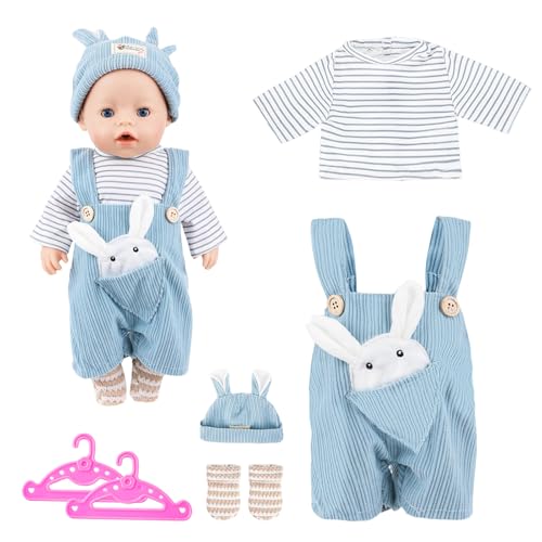 TZQFROCE Baby Puppen Puppenkleidung 35-45 cm Kleidung Outfits für Baby Puppen Puppenkleidung mit Hut Langarm Hose Socken und Kleiderbügel Geschenk für Kinder Mädchen Jungen - Blau von TZQFROCE
