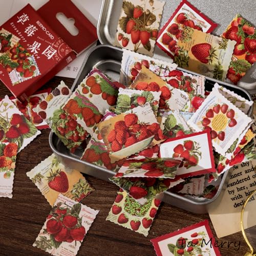 Ta Merry Kawaii Scrapbook-Zubehör: Niedliche Erdbeer-Aufkleber, Ästhetisch für Erwachsene, Papierrechtecke mit Kristall-Embellishment, Rot, Indoor-Usage, 46 Stück von Ta Merry