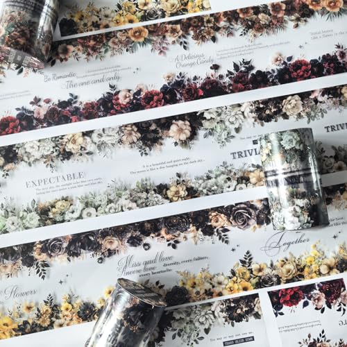 Ta Merry Scrapbook Zubehör Blumen Stickers 3 Rolls PET Washi Tape Aufkleber Dekoration für Bullet Journal Sticker,Alben,Notizblöcke Dekorationen,journaling Zubehör (Dunkle Nacht blüht 1) von Ta Merry