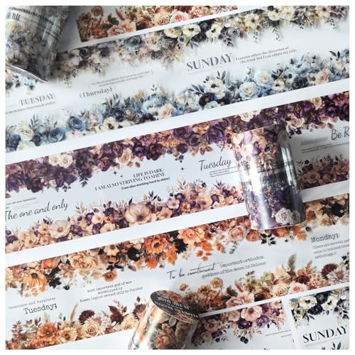 Ta Merry Scrapbook Zubehör Blumen Stickers 3 Rolls PET Washi Tape Aufkleber Dekoration für Bullet Journal Sticker,Alben,Notizblöcke Dekorationen,journaling Zubehör (Dunkle Nacht blüht 2) von Ta Merry