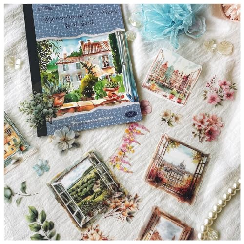 Ta Merry Scrapbooking Aufkleber Accessories Set,PET Aesthetic Sticker 18 Blätter Journal Zubehör für Scrapbooking, Album Aufkleber, Journal Aufkleber DIY(Flowers outside the window) von Ta Merry