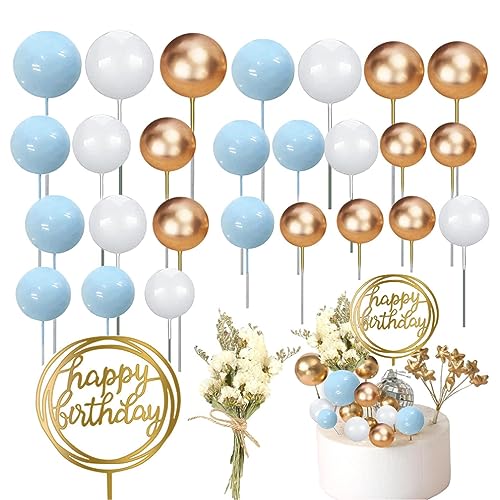 44 Stück Goldenes Kugeln Tortendeko Set, Happy Birthday Tortendeko Set, Hochzeit Cake Topper mit Getrocknete Blumen für Geburtstag Hochzeit Babyparty Jubiläum Party Feier (Blau) von Taasmoog