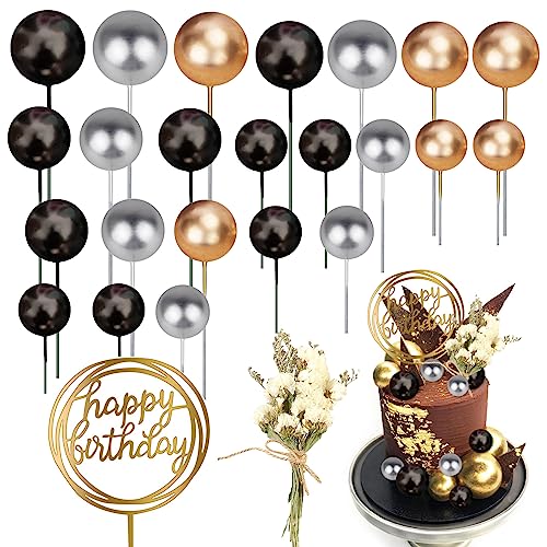 44pcs Mini Ballon Cake Topper, Happy Birthday Kuchen Dekoration Set, Hochzeitstorte Dekoration mit getrockneten Blumen für Jahrestag Abschluss Geburtstag Party Babyparty (schwarz) von Taasmoog
