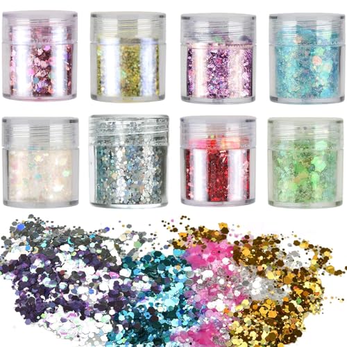 8 x Glitzerpulver Set, Glitzer Pulver Glitter Bunte Glitzerpuder zum Basteln Glitzer für Make-up, Karten, Nagelkunst, Party, DIY, Musik Festival von Taasmoog