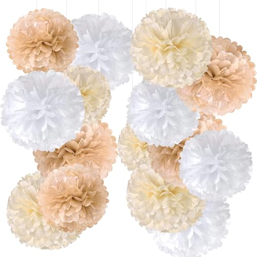 Seidenpapier Pompons Deko, 18 Stück Party Dekoration Pompons Beige Khaki Weiß Pompons Deko für Hochzeit, Tischdeko Geburtstag, Babyparty Deko Abschlussball Festival Weihnachten von Taasmoog