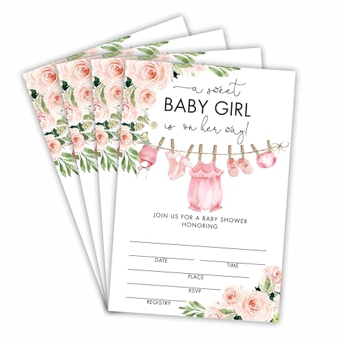 A03 Einladungen für Babypartys mit Umschlägen, Blumen- und Babykleidung, zum Ausfüllen, für Mädchen, Geschlechtsoffenbarung, Baby-Ankündigung, Partygeschenk und Dekoration, 25 Stück A03 Einladungen für Babypartys mit Umschlägen, Blumen- und Babykleidung, zum Ausfüllen, für Mädchen, Geschlechtsoffenbarung, Baby-Ankündigung, Partygeschenk und Dekoration, 25 Stück von Tabyon