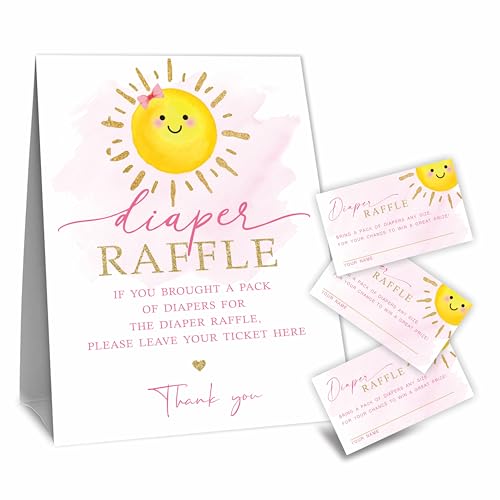 B02 Windel-Raffle-Spiel-Set, Aquarell-Sonnen-Thema, 50 Tickets und 1 stehendes Schild, Dekoration für Babyparty, Geschlechtsoffenbarung, Baby-Ankündigung, Partygeschenk und Dekorationen von Tabyon