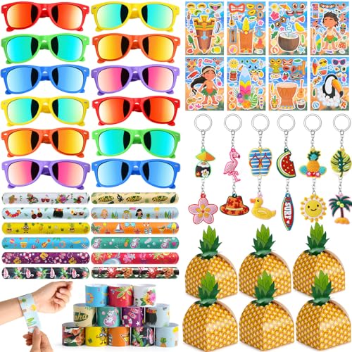 60Stk Hawaii Party Mitgebsel Kindergeburtstag mit Sonnenbrille Partybrillen Set Ananas Geschenkbox Schnapparmband Aufkleber Schlüsselanhänger Sommer Strand Aloha Party Give Aways Gastgeschenke von Tacobear