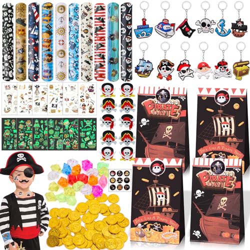 Tacobear 192 Stk Piraten Kindergeburtstag Piraten Party Mitgebsel Junge Gastgeschenk mit Goldmünzen Schlüsselanhänger Geschenktüten Leuchtende Tattoo Aufkleber Schnapparmband Give Aways für Kinder von Tacobear