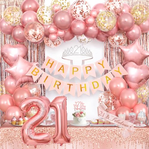 Tacobear Geburtstag Deko Mädchen 21. Geburtstagsdeko mit Rosegold Luftballons Tischdecke Schultergurt Krone Tortendeko Flagge 21. Geburtstag Dekoration für Mädchen Frauen Party Tacobear Geburtstag Deko Mädchen 21. Geburtstagsdeko mit Rosegold Luftballons Tischdecke Schultergurt Krone Tortendeko Flagge 21. Geburtstag Dekoration für Mädchen Frauen Party von Tacobear