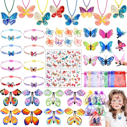 56Stk Schmetterling Party Mitgebsel Kindergeburtstag Mädchen mit Freundschaftsarmband Ringe Halskette Haarspange Tattoos Fliegende Schmetterlinge Geschenktüten Gastgeschenke Kinder Give Aways von Tacobear