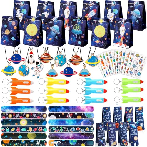 Tacobear 72 Stück Weltraum Party Mitgebsel Kindergeburtstag mit Geschenktüten Lesezeichen Kinder Schnapparmband Raketen Schlüsselanhänger Planeten Halskette Tattoos Gastgeschenke für Jungen von Tacobear