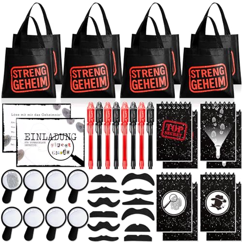Tacobear Detektiv Kindergeburtstag Mitgebsel Set mit Geschenktüten UV Stift Notizbuch Lupen Einladungskarten Schnurrbart Partytüten Gastgeschenke Geburtstag Give Aways für Kinder Jungen von Tacobear
