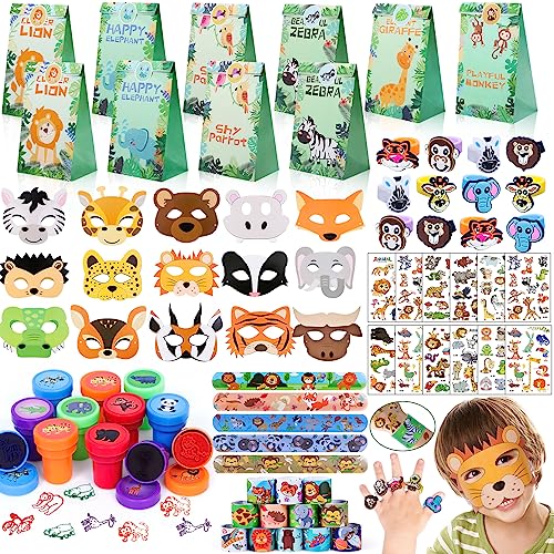 75Stk. Dschungel Safari Mitgebsel Kindergeburtstag Dschungel Tiere Geschenktüten Schnapparmband Masken Temporäre Tattoos Briefmarken Silikonringe Give Aways Kindergeburtstag für Kinder Jungen Mädchen von Tacobear