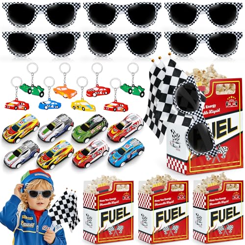Tacobear Rennauto Mitgebsel Kindergeburtstag 40STK. mit Geschenkbox Karierte Sonnenbrille Flagge Schlüsselanhänger Zurückziehen Rennauto Party Give Aways Gastgeschenke für Jungen 6 7 8 9 10 Jahren von Tacobear