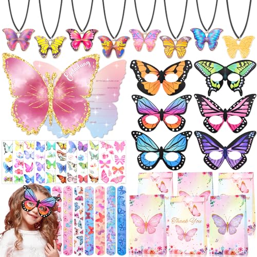 Tacobear Schmetterling Mitgebsel Kindergeburtstag Give Aways Gastgeschenk mit Einladungskarten Geschenktüten Masken Schnapparmband Halskette Tattoo Party Mitgebsel für Mädchen 4 5 6 7 8 9 10 Jahre von Tacobear