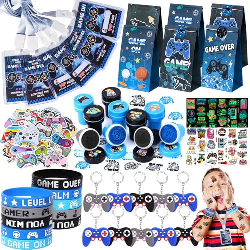 122Stk Videospiel Party Mitgebsel Kindergeburtstag Gastgeschenke mit Silikon Armband Geschenktüten Stempel Video Gamer Controller Schlüsselanhänger VIP Pass Aufkleber Give Aways für Kinder Jungen von Tacobear