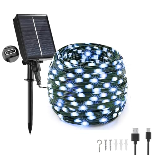 Tacobey Solar Lichterkette Außen, 20M 200 LED Lichterkette Aussen Solar und USB Aufladbar, 8 Mode, Solarlichterkette Wetterfest für Outdoor Terrasse Balkon Deko - Weiß von Tacobey